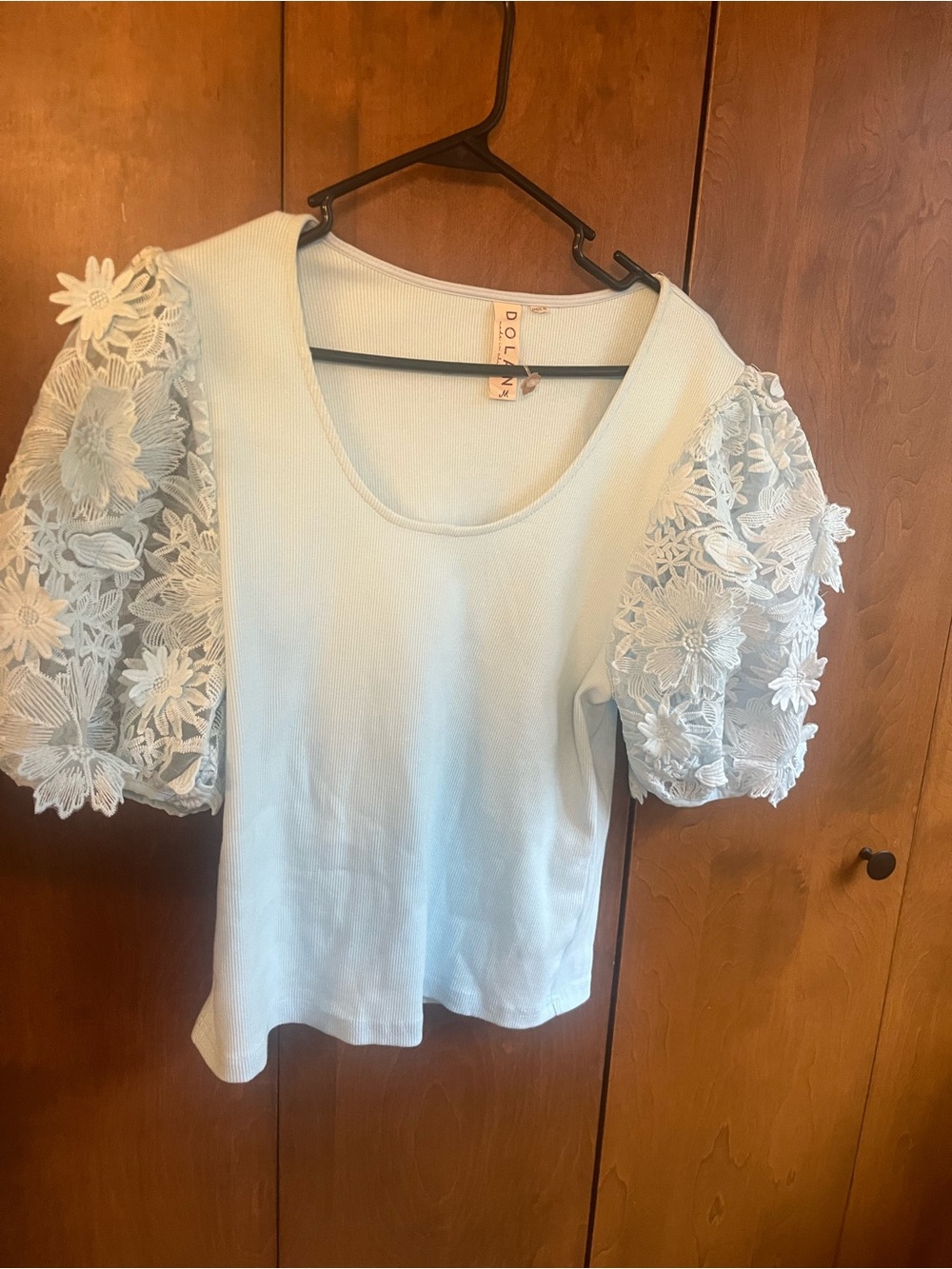 dolan Light Blue Puff Sleeve Lace Knit Top